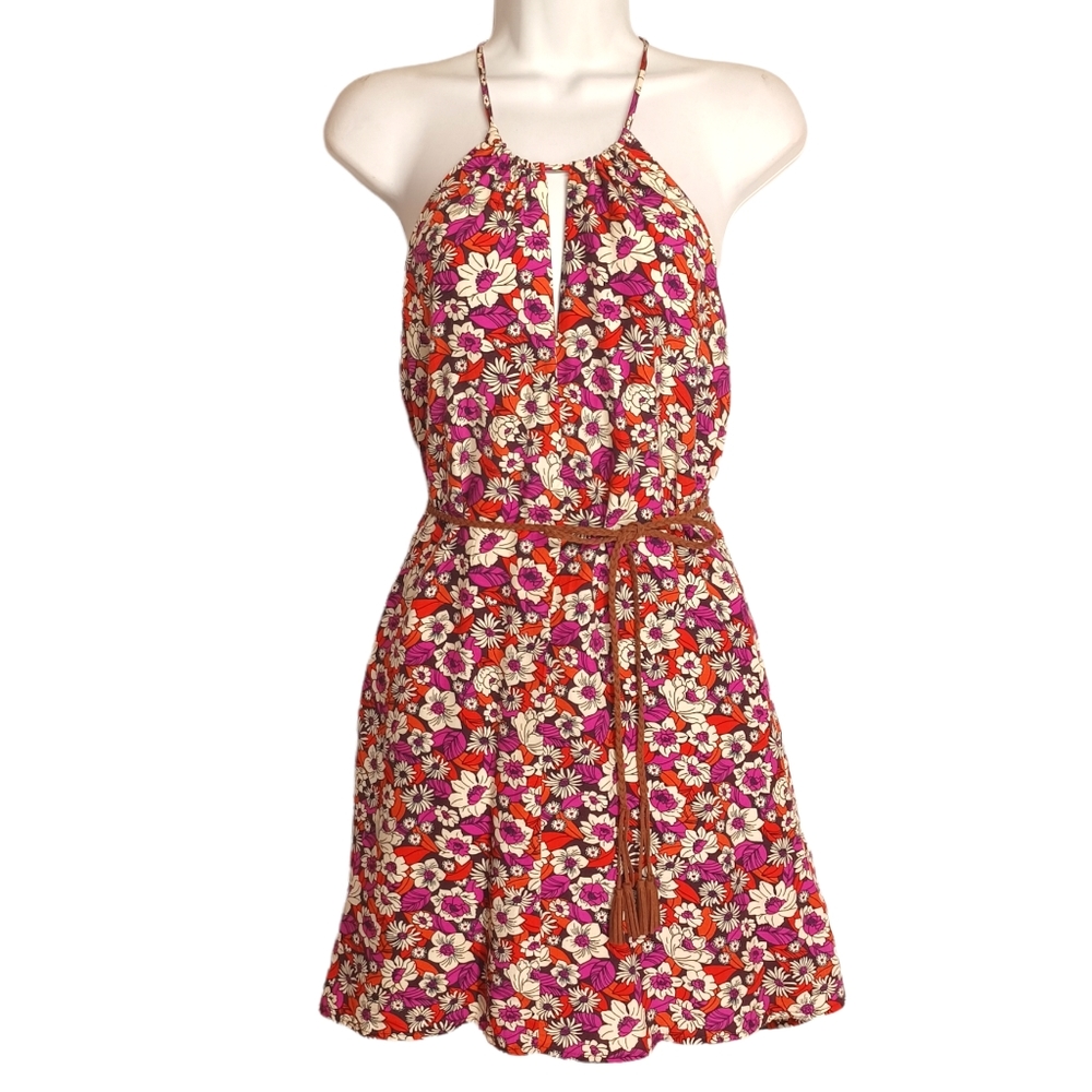 FOREVER 21 Pink Orange Floral Print Purple Racerback Braided Belt Dress Small